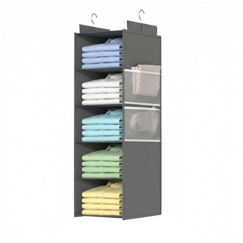 Extra Deep 6-Shelf Hanging Wardrobe Organiser, Grey – Heavy-Duty Foldable Clothes Storage with 4 Large Mesh Pockets