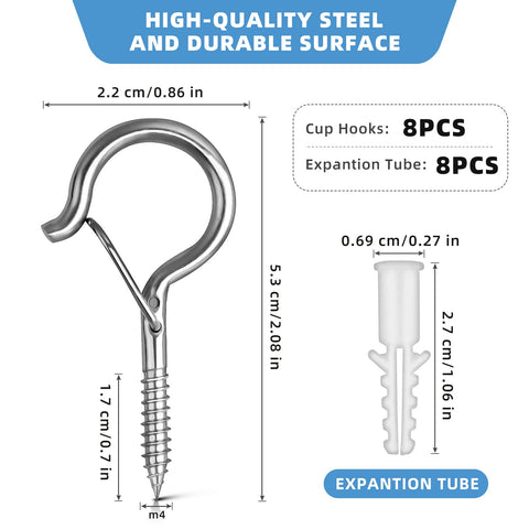Esteopt 8 Pack Black Q-Hanger Screw-In Hooks with Safety Buckles – Steel Ceiling and Wall Hooks for Outdoor String Lights, Plants, Bird Feeders & Christmas Decorations