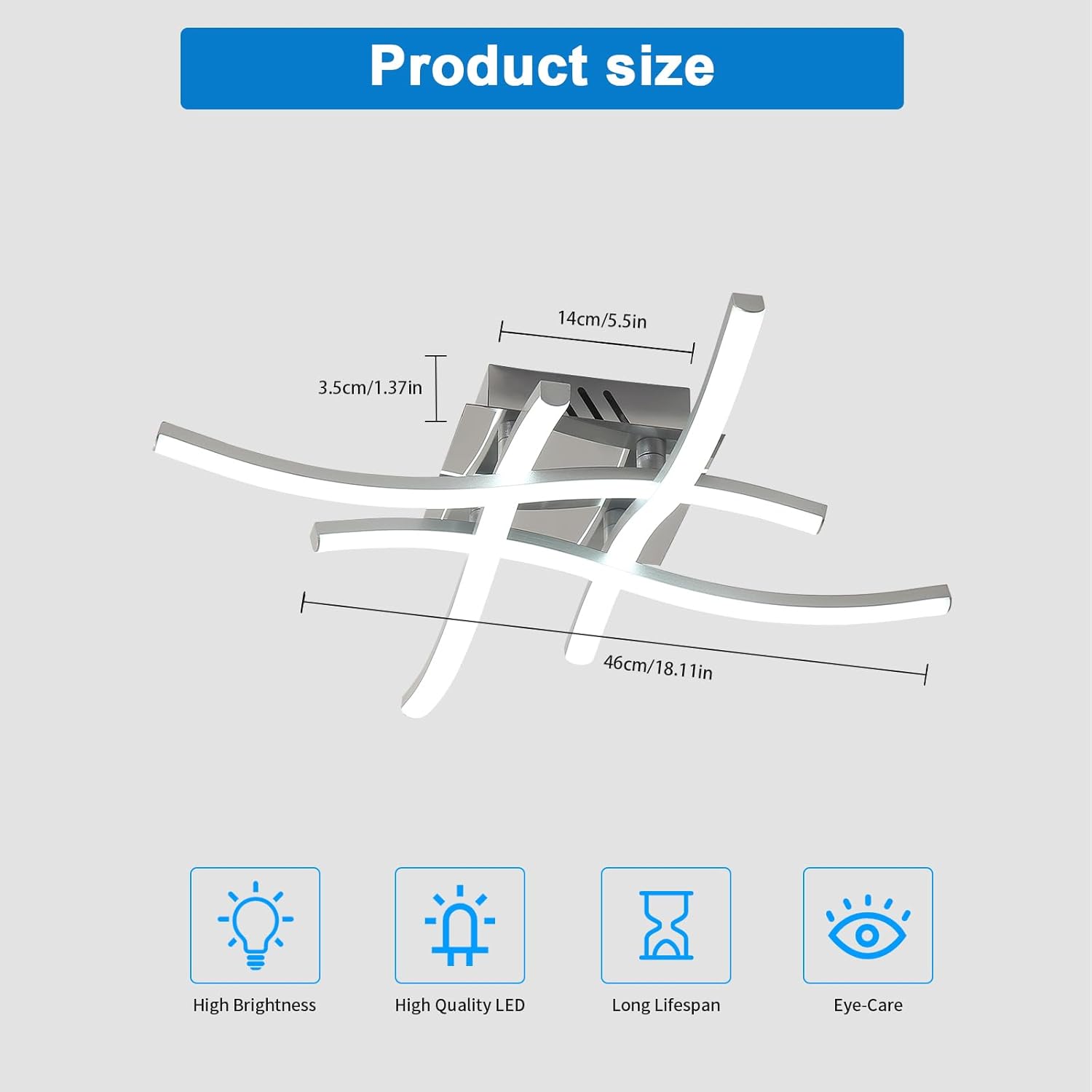 Ceiling light fixture with dimensions and features on a gray background