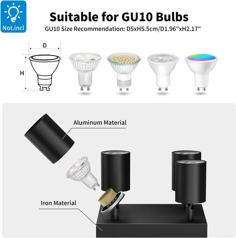 Black Square GU10 Ceiling Light – 4 Way Adjustable Spotlight Fitting for Kitchen, Bedroom, Lounge, Dining Room (Bulb Not Included)