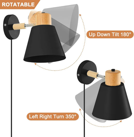 Wall-mounted lamp with black shade and wooden accent, showing rotation and tilt features on a white background.