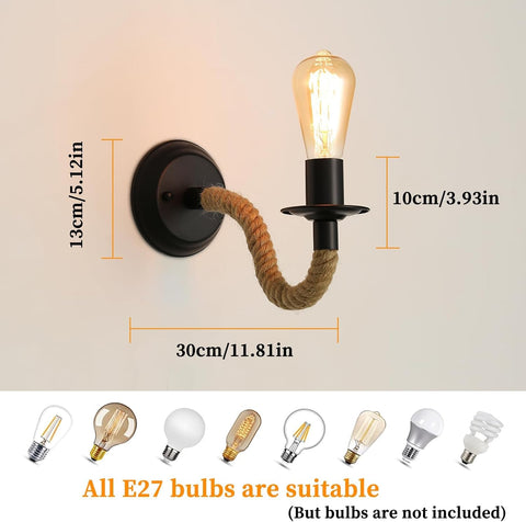 2 Packs Wall Lamp, Industrial Wall Light Sconce Fixture, E27 Hemp Rope Retro Adjustable Wall Lamp for Corridor Living Room Bedroom Cafe Bar Loft