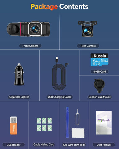 Kussla 3 Channel Dash Cam Front Rear Inside 1080P with 64GB Card