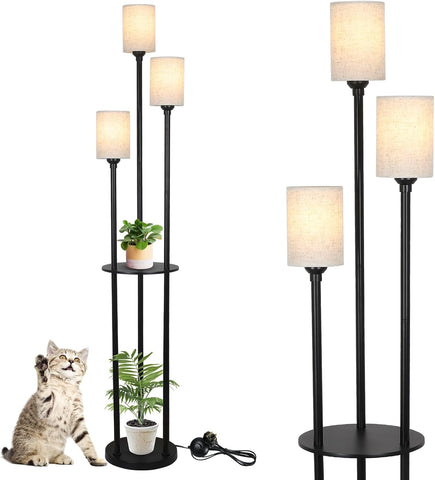 Set of floor lamps with shelves and planters on a white background