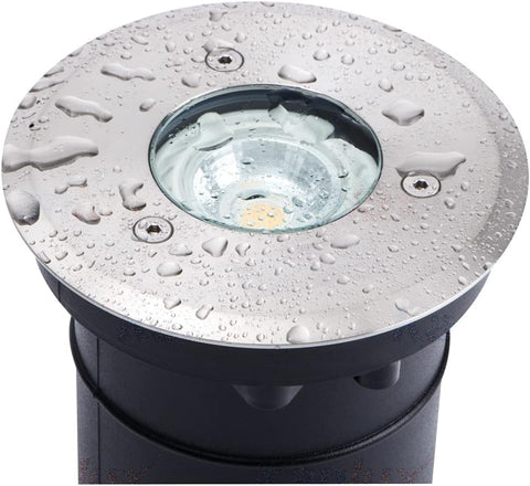 Mains IP67 GU10 LED Round Landscape Well Driveway Walkway Garden Deck Buried Patio Pathway Recessed In Ground Uplighter Decorative Outdoor Light (1x Light, Add 5W Warm White)