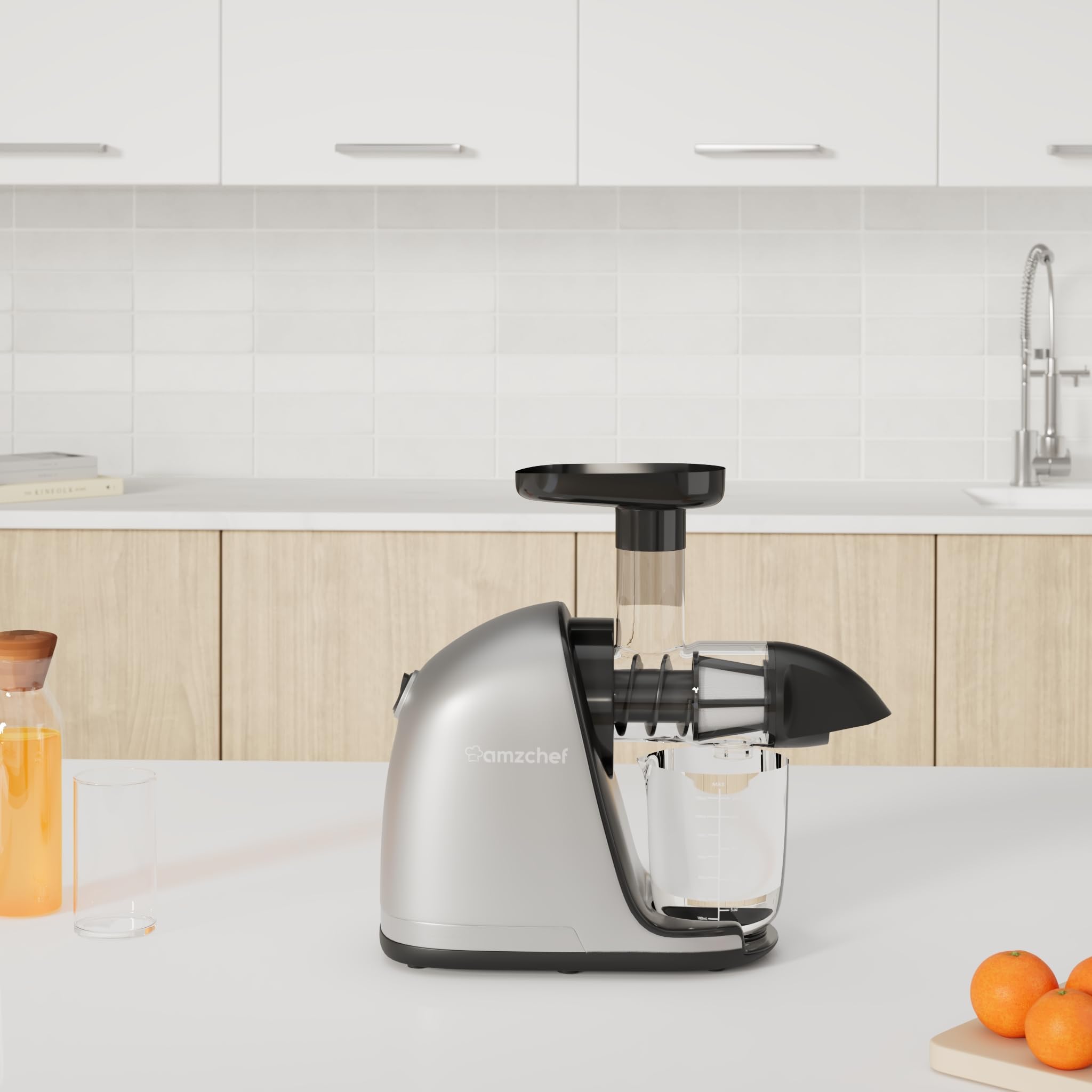 AMZCHEF Juicer Machines - Cold Press Slow Juicer - Masticating Juicer for Whole Fruits and Vegetables - Delicate Chew No Need to Filter - BPA Free Juice Extractor with 2 Cups and Brush - Black