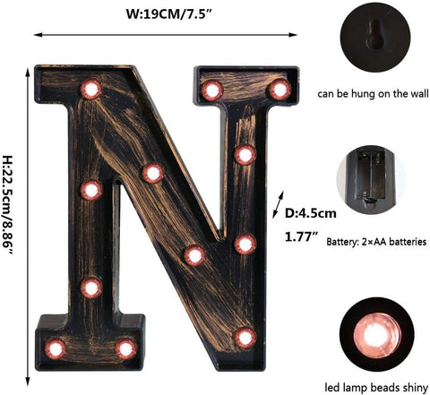 Golden Black LED Marquee Letter N – Vintage Industrial Style Light Sign