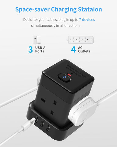 Cube Extension Lead with USB Baykul 4M Power Strip with 3 USB Slots (5V/2.4A) 4 Way Multi Plug with Switch Black Extension Cord Cable with Overload Potection for Home Office Travel Dorm