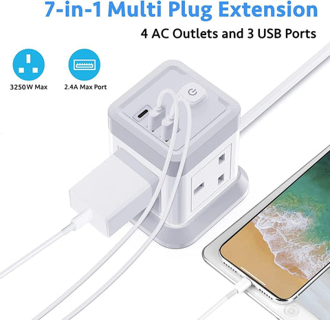 BEVA 4 Way Cube Extension Lead with 3 USB Ports, 1.5m Cable & On/Off Switch – Keep Your Everyday Essentials Powered Without the Desk Clutter