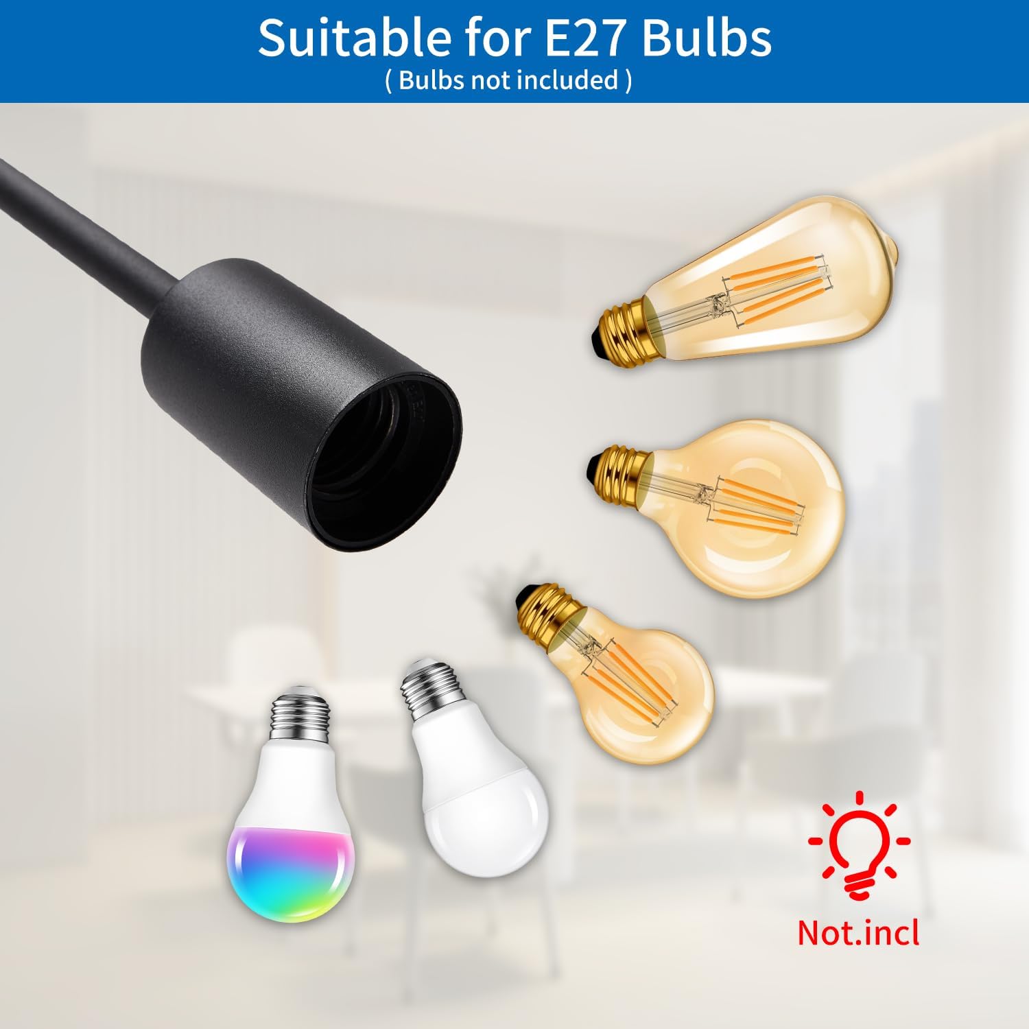 Black lamp holder with E27 bulbs on a light gray background