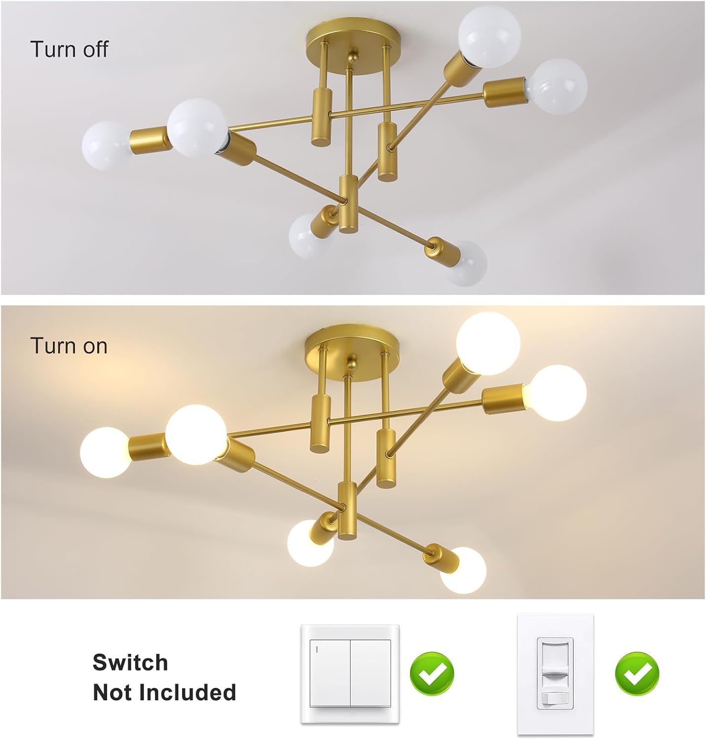 Gold ceiling light fixture with white bulbs, showing before and after switch states on a gray and beige background.