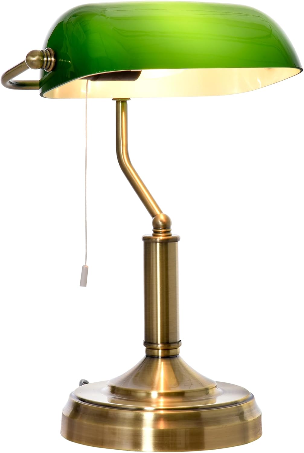 HOMCOM Green Glass Banker’s Table Lamp with Brass Tone Finish – E27 Desk Light for Home Office & Study