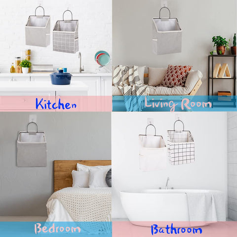BieFuSin 2-Pack Wall Hanging Storage Bags, Grey Plaid Cotton Linen Organisers with Metal Frame, Waterproof Lining & Side Mesh Pockets for Bedroom, Bathroom & Kitchen