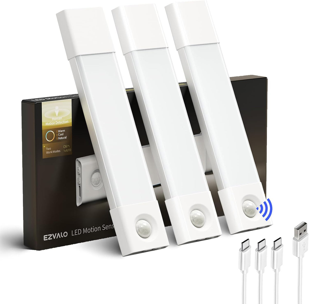 EZVALO 3 Pack 8'' Rechargeable Under Cabinet Lights – Motion Sensor LED Kitchen & Cupboard Lighting, Dimmable 3 Colour Temperatures - Light Up the Corners You Usually Forget