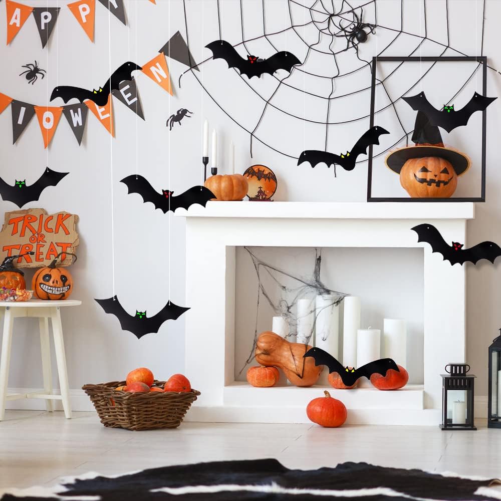 12PCS Halloween Hanging Bats with Glowing Eyes – Waterproof Flying Bat Decorations for Indoor & Outdoor Halloween Party, Garden, Door, Wall & Haunted House Décor