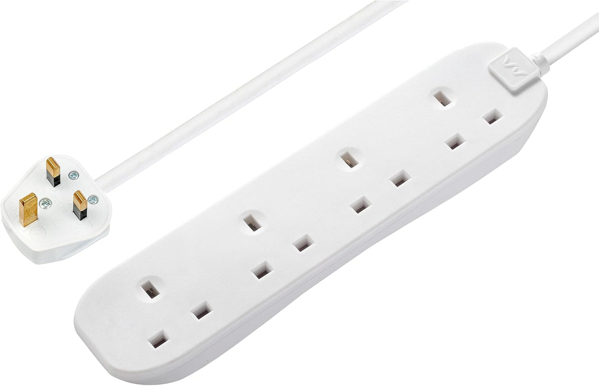 Masterplug Four Socket Extension Lead, 3 Metre Cable, Unswitched, 4-Way Plug Extension Cable, Power Strip, Basic Power, White, 13A, 4G, 3m, BFG3N