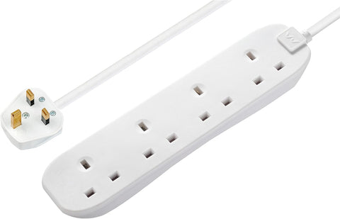 Masterplug Four Socket Extension Lead, 3 Metre Cable, Unswitched, 4-Way Plug Extension Cable, Power Strip, Basic Power, White, 13A, 4G, 3m, BFG3N