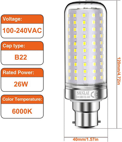 26W LED B22 Bulbs, 200W Equivalent, 6000K Daylight, Pack of 3