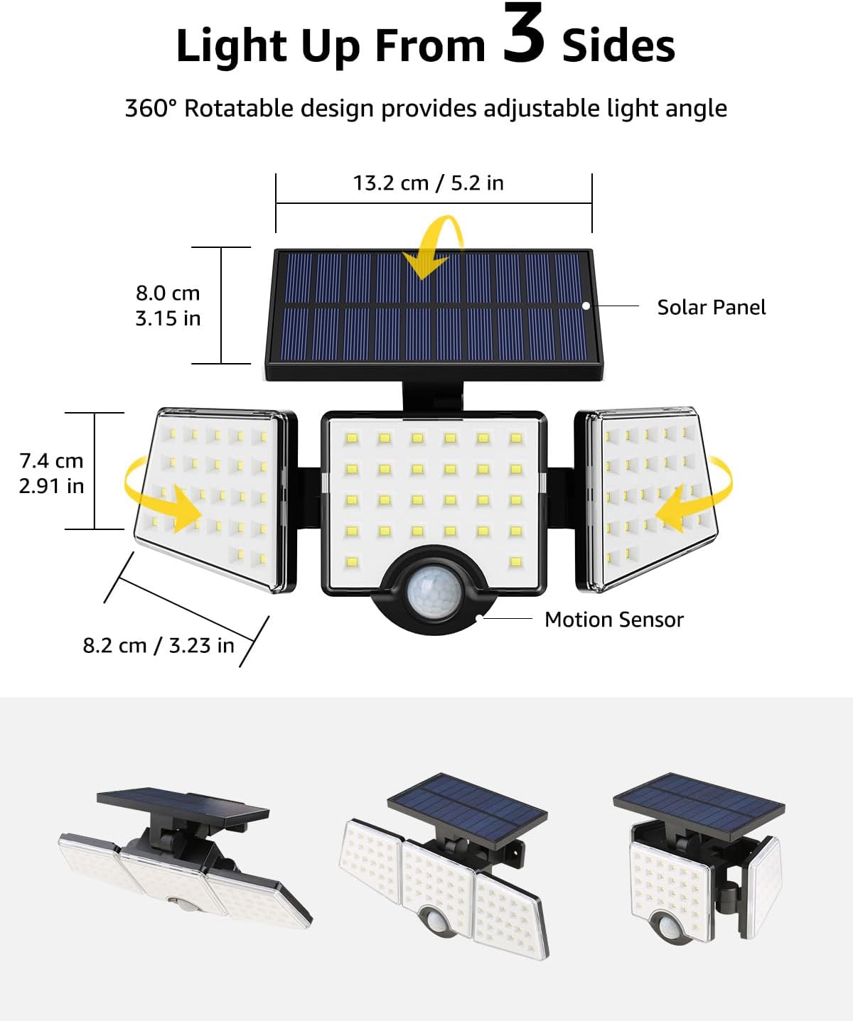 Solar light with solar panel and motion sensor, showing dimensions and features on a white background.