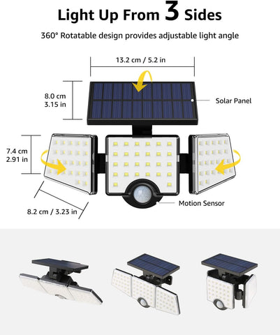 Solar light with solar panel and motion sensor, showing dimensions and features on a white background.
