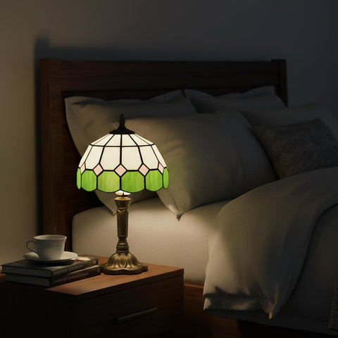 HOMCOM Handmade Stained Glass Table Lamp – Tiffany-Style Green Bedside Lamp with Bronze-Tone Zinc Alloy Base, E27 Socket & 40W Max for Bedroom, Living Room & Home