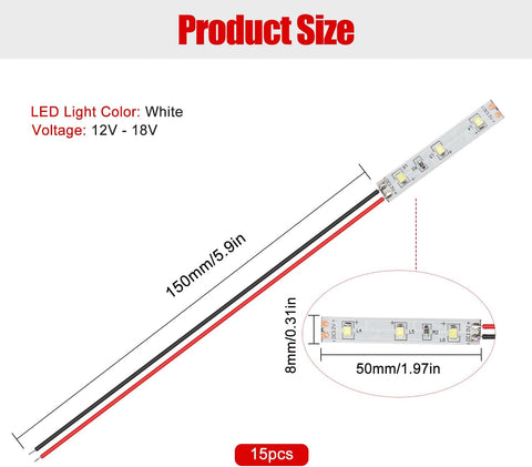 15 PCS 50mm Prewired LED Strip Lights 12V-18V White 2335 SMD Flexible