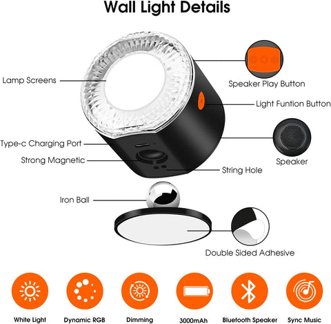 LED Wall Mounted Lights, 3000mAh Rechargeable Wall Sconces Lamp with Bluetooth Speaker, Dimmable Magnetic 360° Rotation Cordless Wall Light for Bedroom Bedside, White Light RGB Music Sync Modes