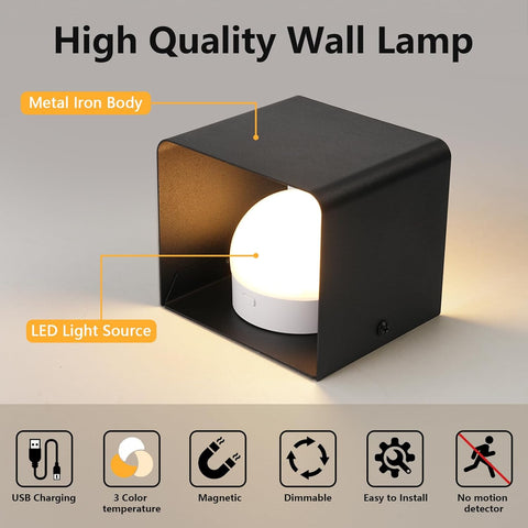 Wall Light LED Indoor - Black Wall Sconce Indoor USB Rechargeable 1.5W 3000K 4000K 6000K Brightness Adjustable - Modern Wall Lamp for Living Room Bedroom Stairs Hallway