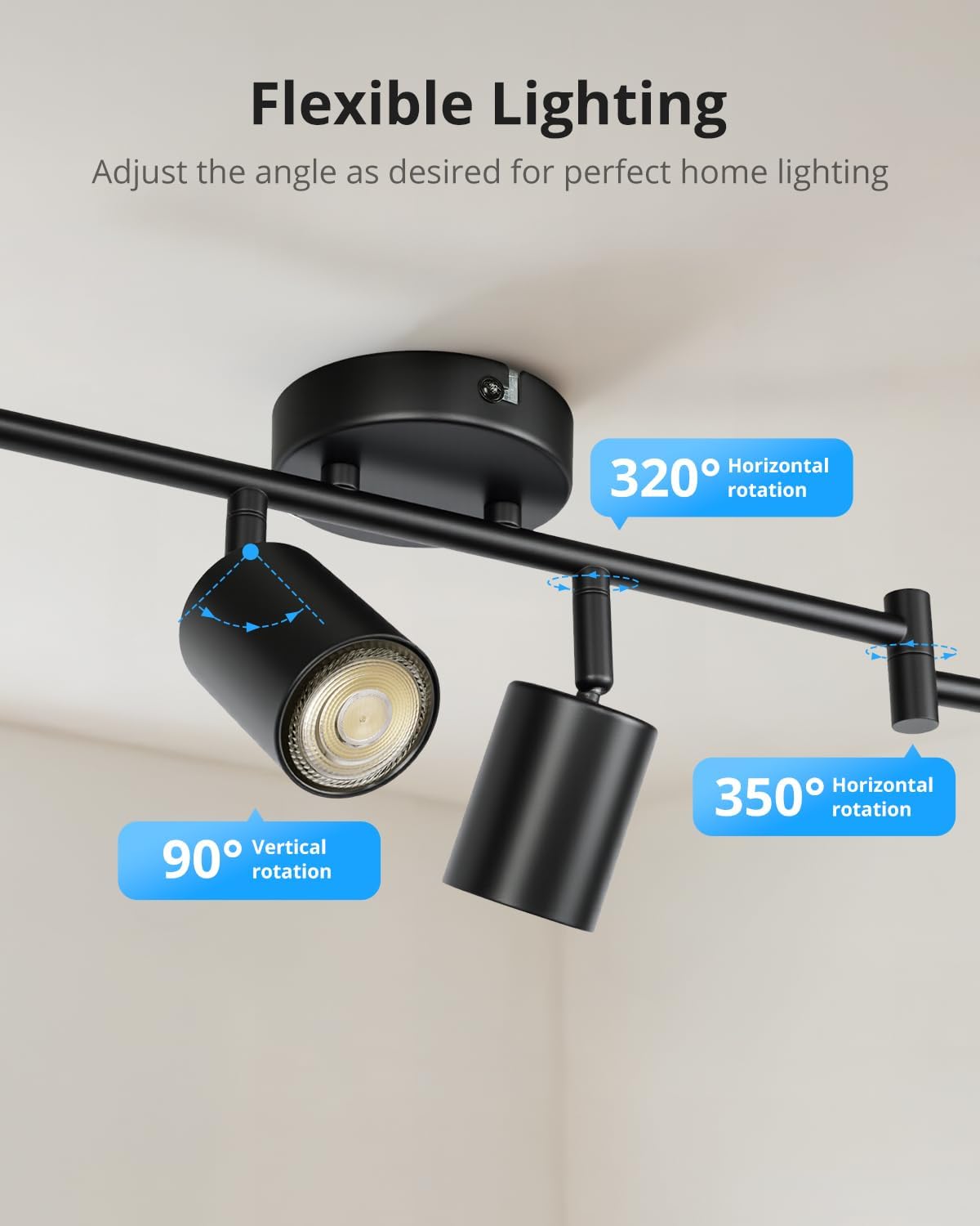 Black flexible ceiling light fixture with adjustable angles on a white background
