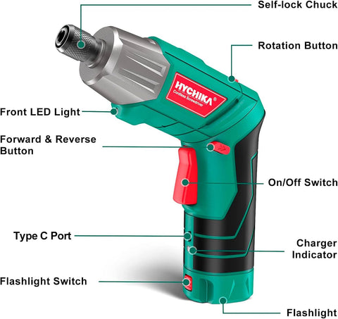 HYCHIKA 6Nm Cordless Electric Screwdriver with 35 Accessories