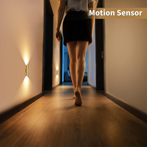 Motion Sensor Wall Lights with Remote Control - Rechargeable Battery Operated Wall Sconces Indoor, LED Wireless Magnetic Wall Lamp Set of 2 for Stairs, Hallway, Bedroom, Living Room, Gold
