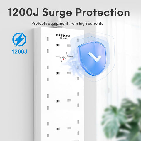 8 Way Extension Lead with 4 USB Ports (2 USB-C + 2 USB-A), 2m Cable & 1200J Surge Protection, 2990W White Power Strip – Bring Order to Your Busy Charging Corner