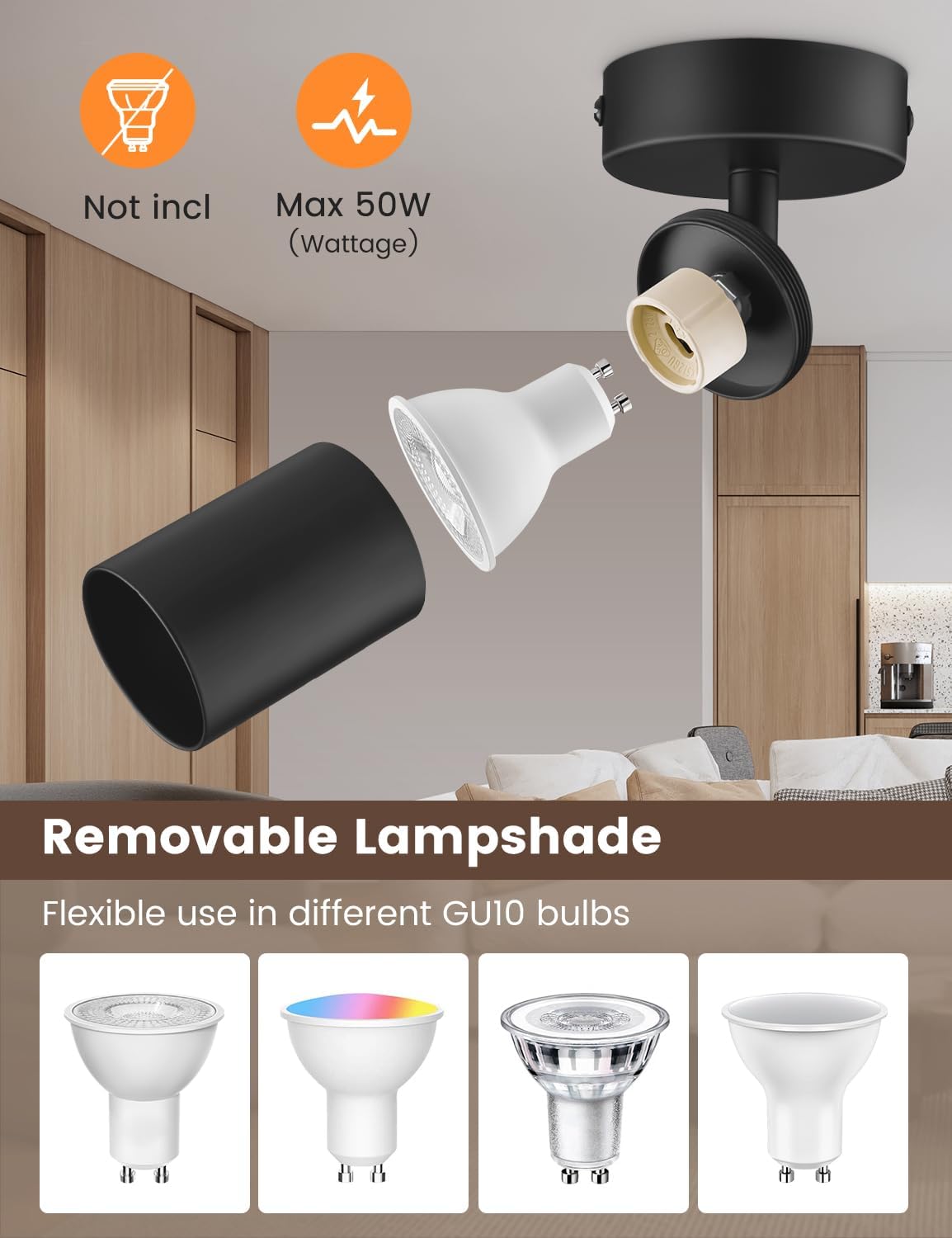 Black ceiling light fixture with removable lampshade and GU10 bulb compatibility on a neutral background.