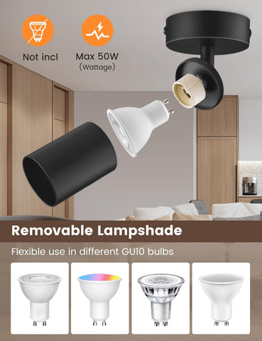 Black ceiling light fixture with removable lampshade and GU10 bulb compatibility on a neutral background.