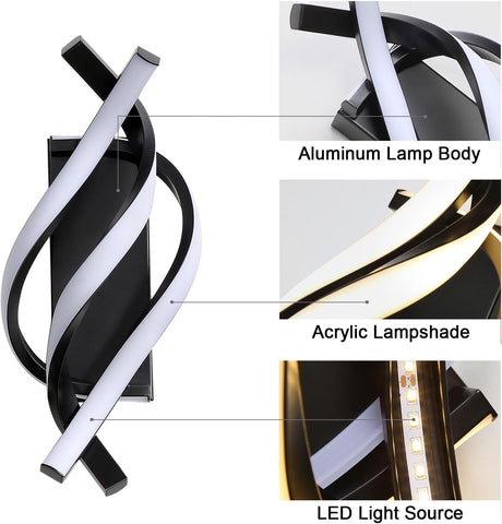 Modern LED Wall Light 22W Black Spiral Lamp