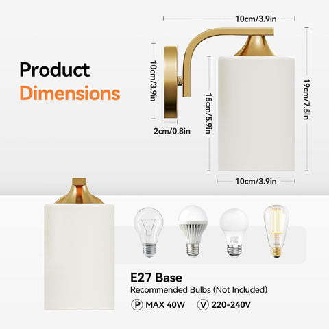 Gold Glass Cylinder Wall Light E27 Hardwired Sconce