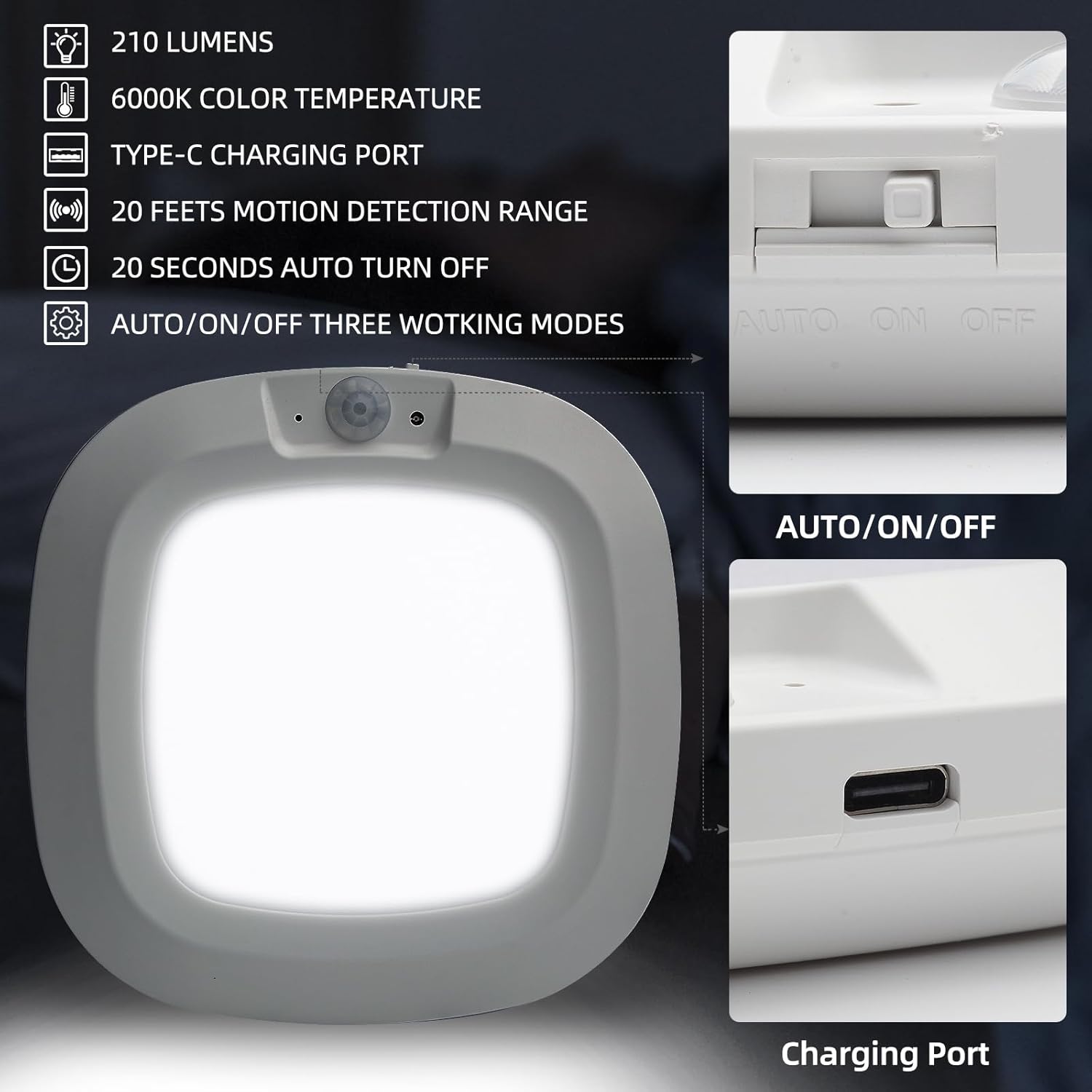 LED light fixture with charging port and motion detection features on a dark background