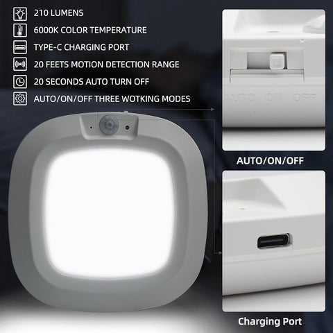 LED light fixture with charging port and motion detection features on a dark background