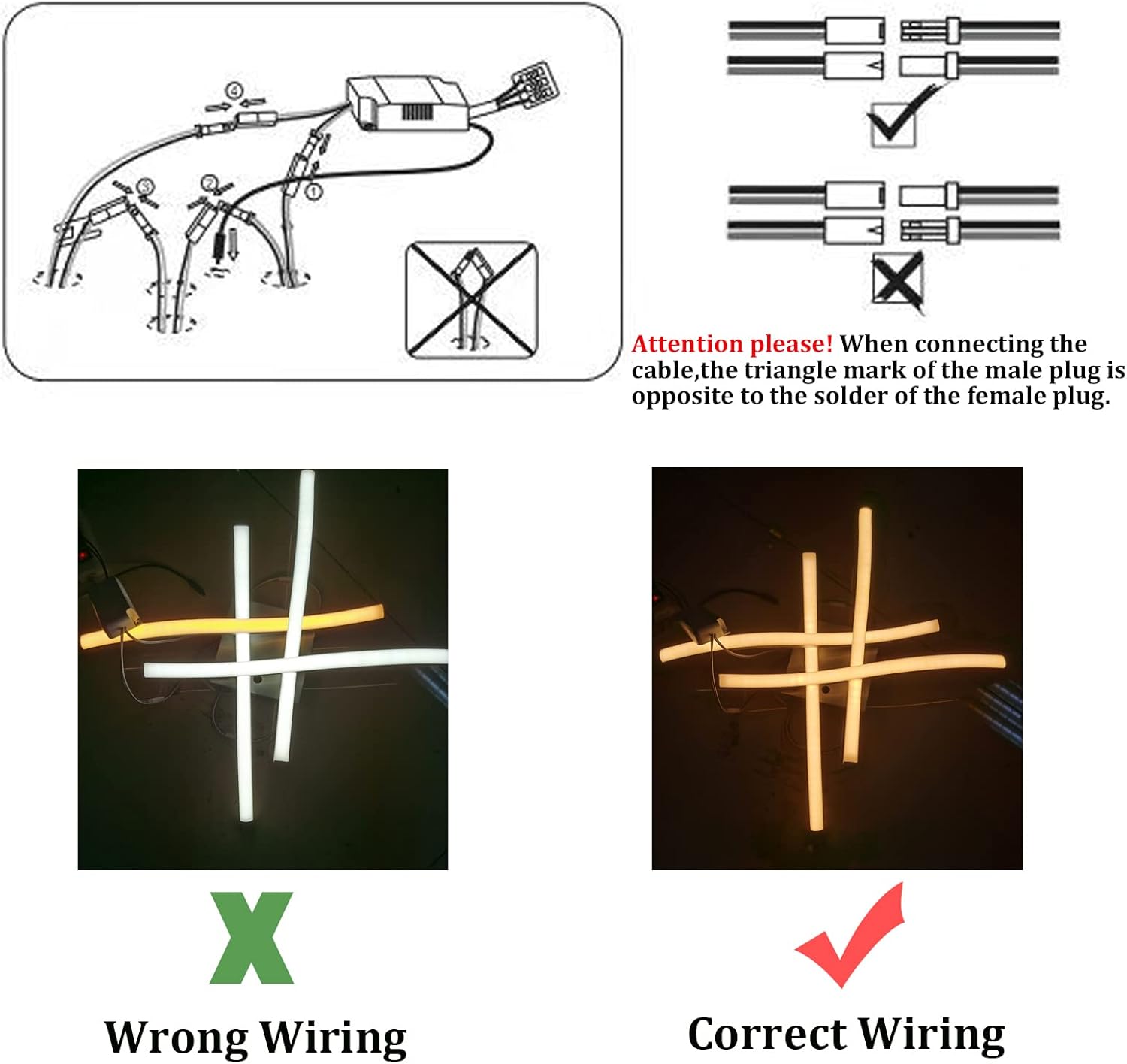 Wiring diagram and examples of correct and incorrect wiring connections.