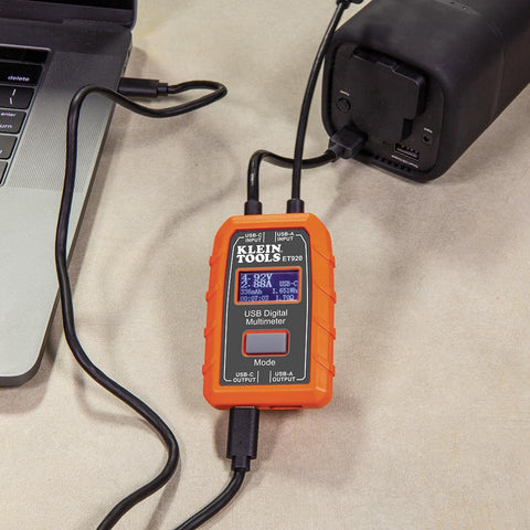 Klein Tools ET920 USB-A & USB-C Power Meter Tester – Digital Voltage Current Capacity Energy Resistance Monitor 3–20V DC for Fast Charge QC Ports with Data Storage & Overload Protection
