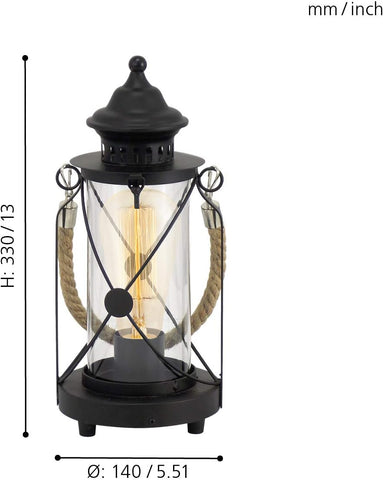 EGLO Bradford Vintage Table Lamp – Black Lantern Light with Clear Glass, E27 Socket & In-Line Switch for Bedroom, Living Room & Hallway