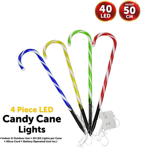 Christmas Set of 4 Candy Cane Red & White Light Up 50cm Stakes Garden Path Patio 40 LEDs Outdoor Indoor Festive Lighting Novelty Xmas Pathway Decorations (Multi-Coloured)