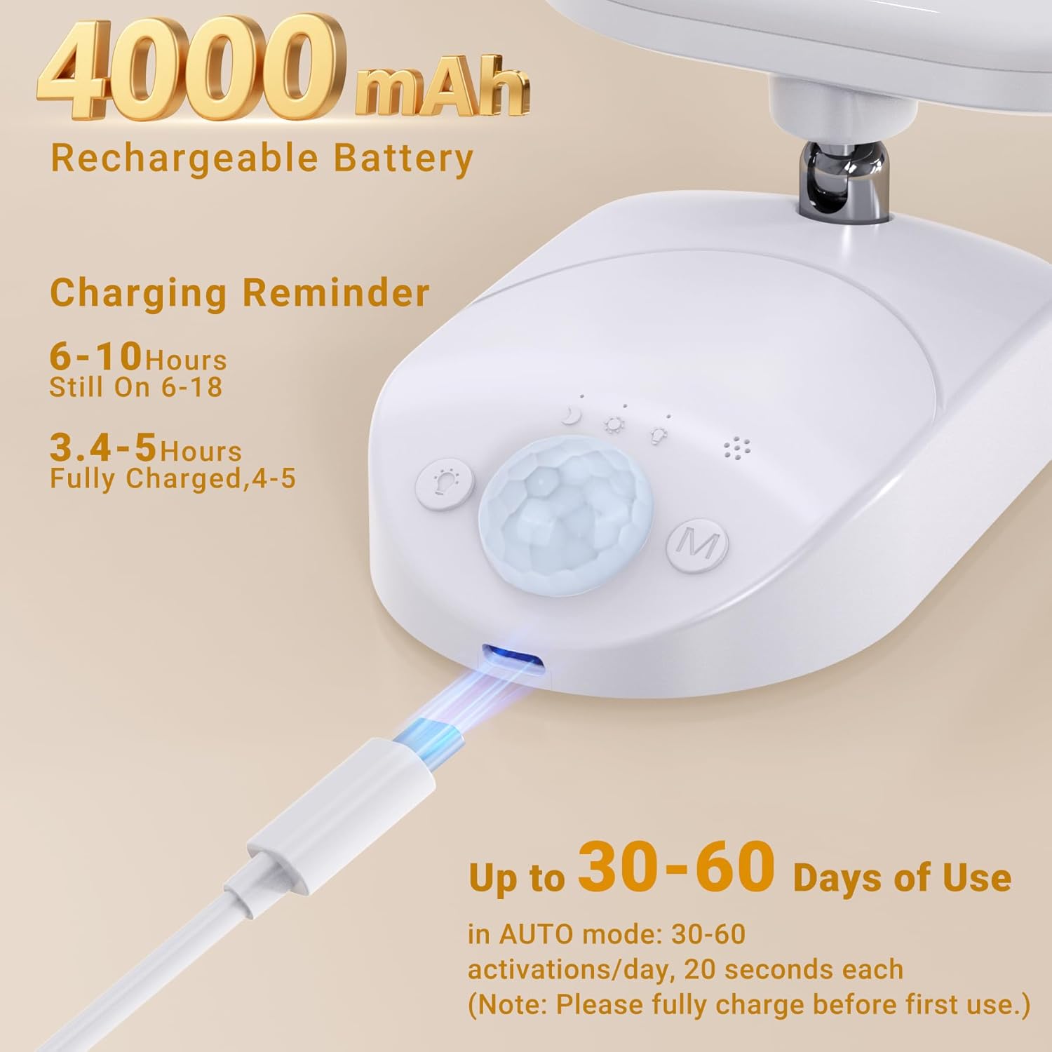 Ceiling light fixture with charging cable and battery information on a beige background