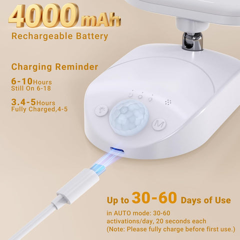 Ceiling light fixture with charging cable and battery information on a beige background