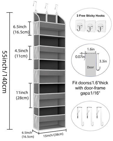 TAHAVICE Over The Door Storage Organiser, 5 Clear Window Pockets and 10 Mesh Side Pockets, Grey – Turn Unused Door Space into Smart Storage