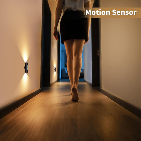 Motion Sensor Wall Lights Indoor - Rechargeable Battery Operated Wall Sconces with Remote Control, Wireless LED Wall Lamp for Hallway, Stair, Bedroom, Living Room, Black Metal, 2 Pack