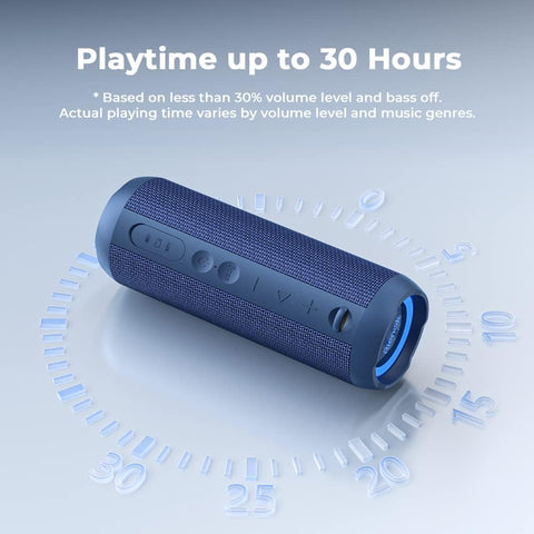 Blue portable speaker with text about playtime on a light blue background