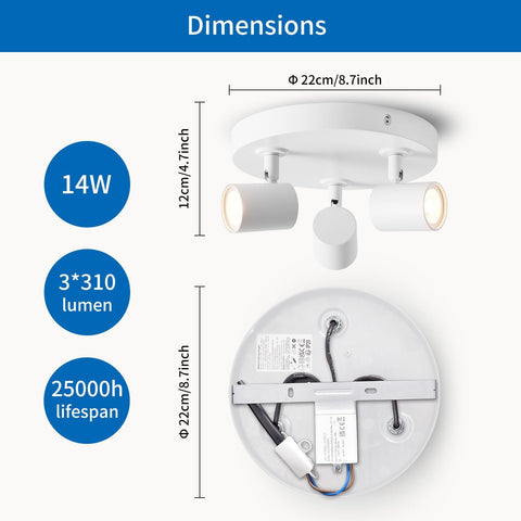 Ceiling light fixture with dimensions and specifications on a white background