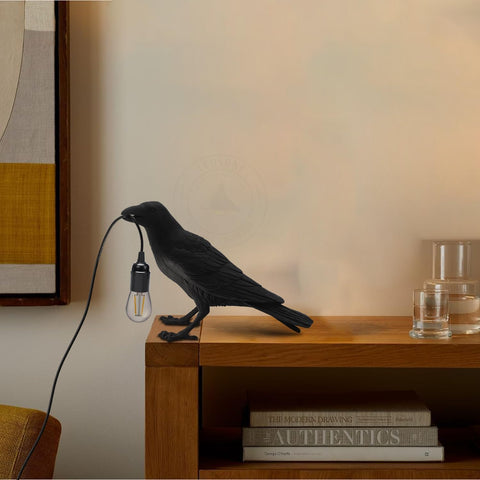 2Pack Raven Table Lamp Gothic Black Crow 30cm Resin Bird Night Light with E27 Bulb Holder 3D Realistic Lamp