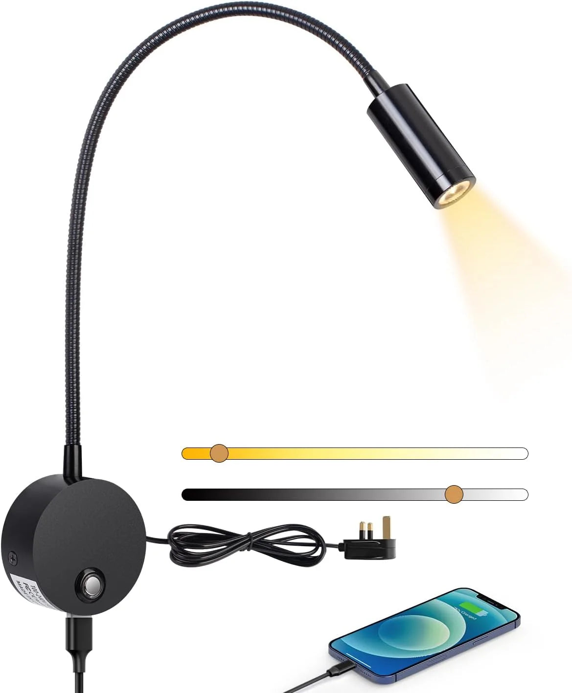 Wall Mounted Reading Lamp LED Bedside Light with USB and Touch Dimmer